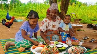 Life style of an African mom cooking with her children//African village life