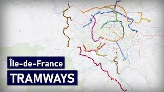 Évolution des tramways en Île-de-France (Paris) 1992-2035 (carte géographique)