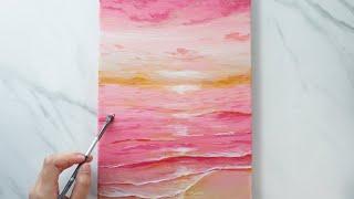 How to Paint Pink Sunset Seascape with Acrylic / Painting for Beginners