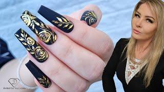 Black and gold, elegant nails with 3d transfer foil. November nails design