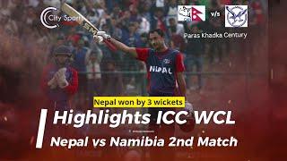 Nepal vs Namibia  2nd Match ICC WCL 2016 Highlights. Nepal won by 3 wickets. Paras Khadka Century .