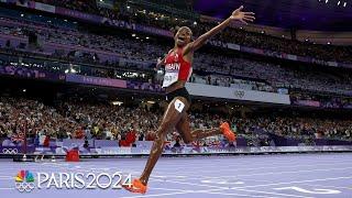 Winfred Yavi JUMPS FOR JOY after winning women's 3000m steeplechase gold | Paris Olympics