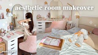 EXTREME bedroom transformation aesthetic room makeover, vanity desk setup, cozy pinterest inspired