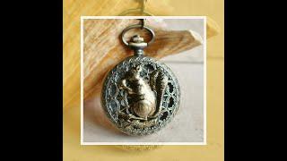 Squirrel pocket watch, mens pocket watch with squirrel mounted on front case