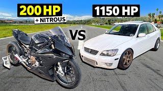 Super Bike vs Super Motor! Slammed BMW S1000RR vs 1150hp Lexus IS300 in No-Prep Drag Racing