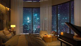 Los Angeles City Views Night in Cozy Apartment with Smooth Piano Jazz Music for Relaxing, Chilling