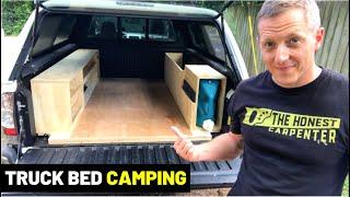 TRUCK BED CAMPING SETUP! (Tacoma truck bed camping conversion--$65 materials! DIY Storage Build)