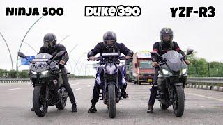 Ninja 500 VS Duke 390 VS YZF-R3 | Best Performance Bike?