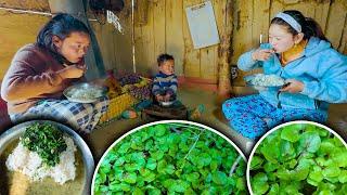 Organic Watercress (Simsag) Recipe with rice in the Nepali village kitchen | Sim Rayo | Village vlog