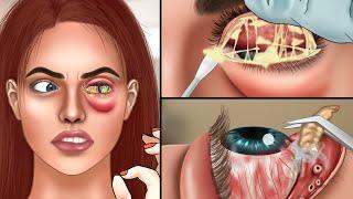 ASMR Remove botfly maggots found inside farmer girl's eye | Removal animation