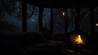 Wooden Cabin at Night | Rain Sounds and Fireplace for Peaceful Sleep