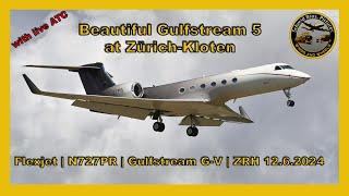 Beautiful Gulfstream 5! Flexjet GLF5 ''N727PR'' landing runway 14 at Zürich-Kloten (with live ATC)