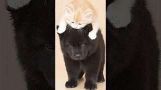 Adorable Kitten Plays On Fluffy Puppy's Head