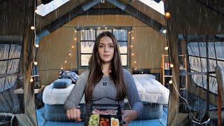 RAIN and STORM Camping in AIR Tent | Solo in Cozy hot tent | ASMR