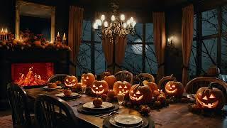 Spooky Halloween Dinner Party Ambience With A Crackling Fireplace & Rain 