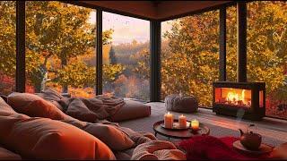 Cozy Forest Balcony with Crackling Fireplace and Relaxing Nature Sounds for Stress Relief