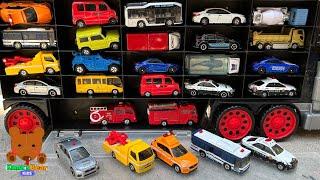 Black Car Carrier Looks for 22 Tomica Working Cars  & more car stories 【Kuma's Bear Kids】