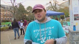 Rhian Lowndes talks with Virginia Tech students; Anna McDougall at 4th District polls