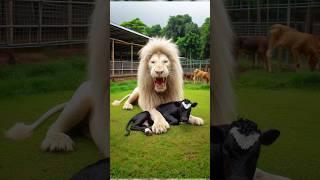 Black cow vs white lion fight for baby #cow #lion #animals #babyanimal #feelings #motherslove