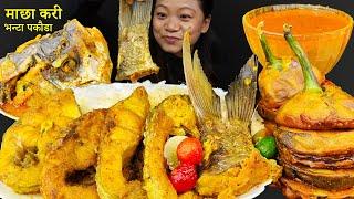 Eating Big Fish Curry, Spicy Fish Curry with Rice, Brinjal Pakauda, Nepali Mukbang, Eating Asmr