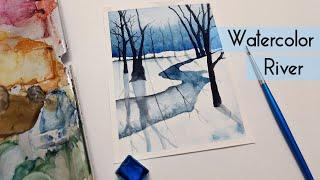 How to paint a winter river landscape » Easy watercolor winter painting tutorial for beginners