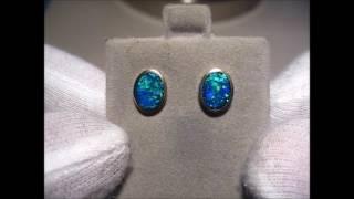 Oval Blue Opal Stud Earrings 14k White Gold | FlashOpal