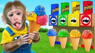 KiKi Monkey try Four Elements Yummy Ice Cream Machine by Four Colors with Duck | KUDO ANIMAL KIKI