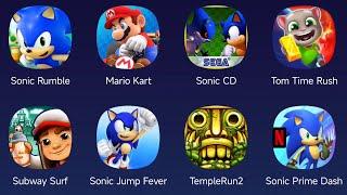 Sonic Rumble,Mario Kart,Sonic CD,Tom Time Rush,Subway Surf,Sonic Jump Fever,Temple Run 2,Sonic Prime