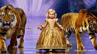 "Girls and wild animals on the catwalk: bears, wolves, giraffes and predators in a fashion show"