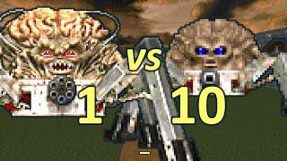 Spider Mastermind vs 10 Arachnotrons - Monster Infighting - Doom II Retro Battles