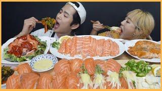 SUB) ASMR MUKBANG 연어파티다! 연어덕후여친위해 통연어! 직접요리해서 연어회,연어초밥,회무침,연어구이!Whole salmon sashimi Eating show