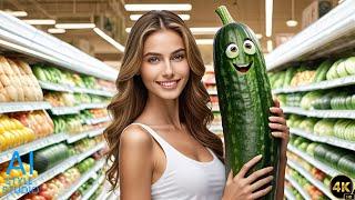 4K AI Art Lookbook Video of AI Girl ｜ Carvy Girl Poses with Giant Cucumber in Playful Shot