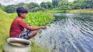 Hook Fishing Videos || A Village Boy Hunting Big Ruhi Fish By Bamboo Tools Hook From The River