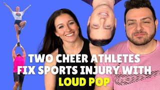 Chiropractor cracking back and neck. Two cheer athletes: Sports injuries gone with a loud POP!