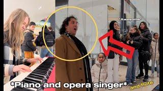 A famous OPERA SINGER  and a FLUTE join piano girl in a MALL 