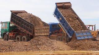 Amazing fastest Unloading dirt Dump Trucks 10 Wheels & Bulldozer Pushing Dirt on Road Construction