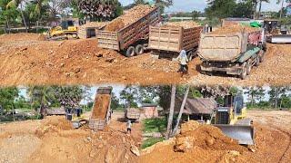 Really Great Excellent!Skill Operator Dozer  Pushing Stone With DumpTruck Unloading Filling Lake