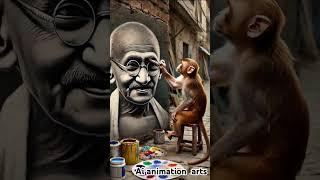 Ai shorts video # monkey Painting. Mahatma gandhi portrait on wall# monkey kinds ai #