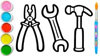 Pliers, Wrench, Hammer and 4 More Toy Hand Tools Drawing, Painting and Coloring for Kids #375