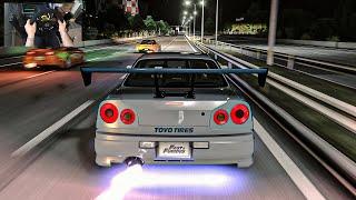 Fast & Furious GT-R R34 VS Mazda RX7 & Supra MK4 Street Race - Assetto Corsa | Thrustmaster Wheel