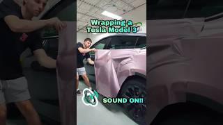 Wrapping this Tesla Model 3 in supergloss metallic rose  #asmr #asmrsounds #wrapasmr #Tesla