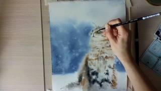 Картина акварелью Снежный кот. Speed painting