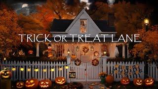 TRICK OR TREAT LANE- HALLOWEEN HOUSE AMBIENCE-FALL LEAVES-PUMPKINS-FIREPIT-SOFT HALLOWEEN MUSIC!