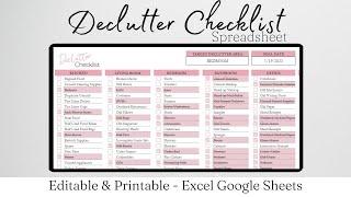 Declutter Checklist Room by Room Excel Spreadsheet, Declutter Challenge Google Sheets Printable