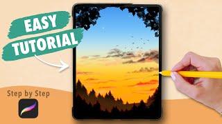 Draw With Me - EASY Sunset Landscape | Procreate Digital Art Drawing Tutorial for Beginners