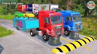 Double Flatbed Trailer Truck vs speed bumps|Busses vs speed bumps|Beamng Drive|1016