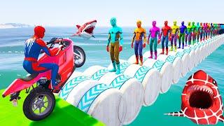 Superheroes on a motorcycle ride over the sea along the Spider-Man Bridge GTA 5