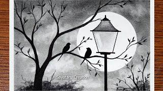 How to Draw Scenery of Moonlight Night by pencil sketch, Love Birds Scenery Drawing