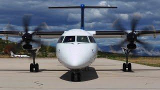 CLOSE-UP Friendly Pilots Waving - SkyAlps Bombardier Dash 8 Q400 Takeoff