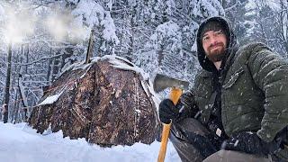 Snow Storm vs Hot Tent - Camping Alone Overnight in the Wild with Morels, Grilled Cheese & more